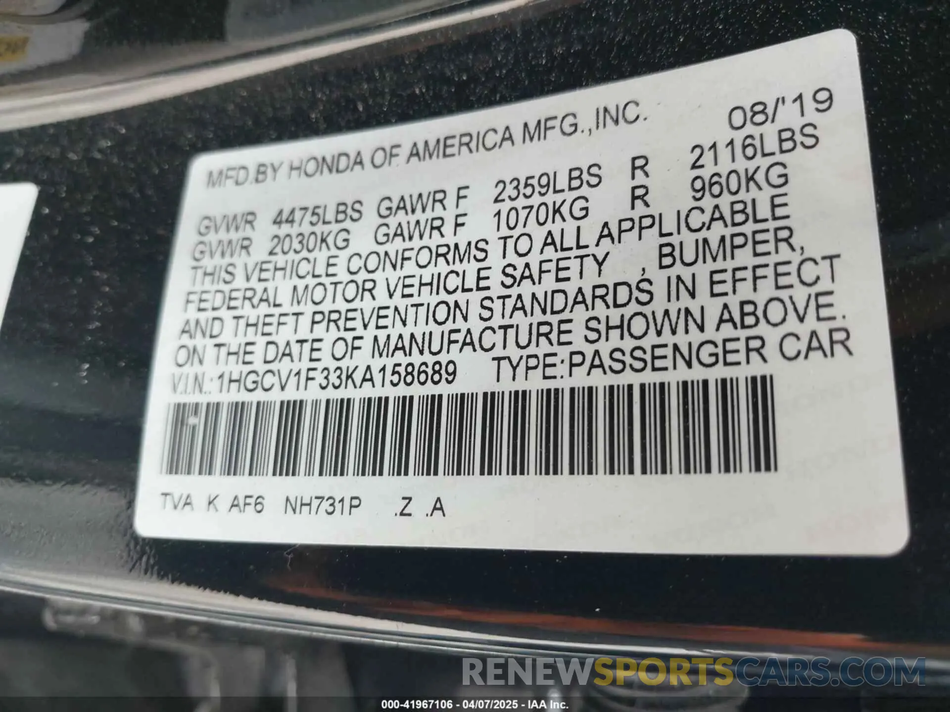 9 Photograph of a damaged car 1HGCV1F33KA158689 HONDA ACCORD 2019