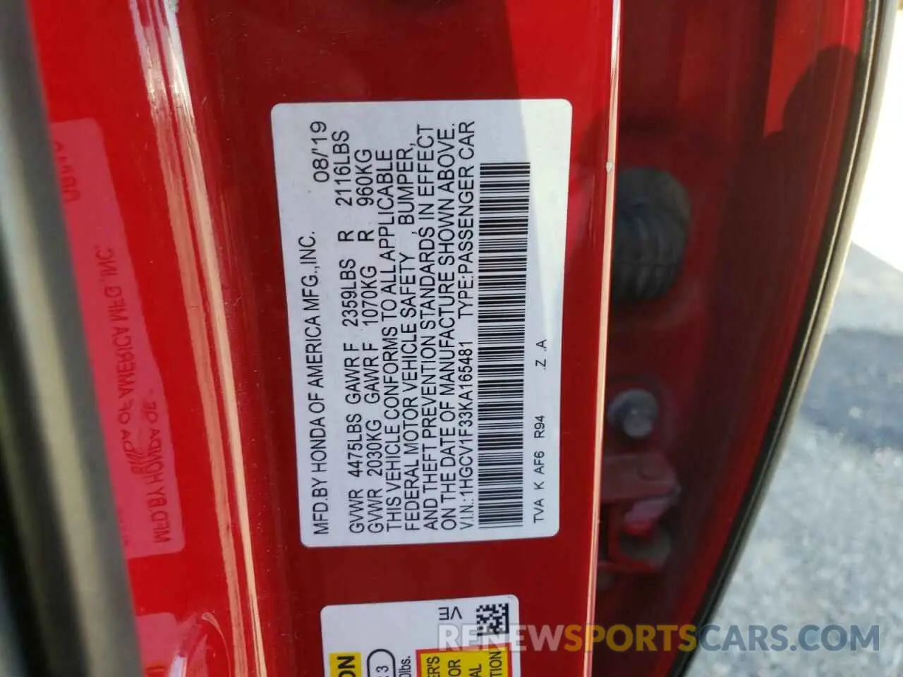 14 Photograph of a damaged car 1HGCV1F33KA165481 HONDA ACCORD 2019