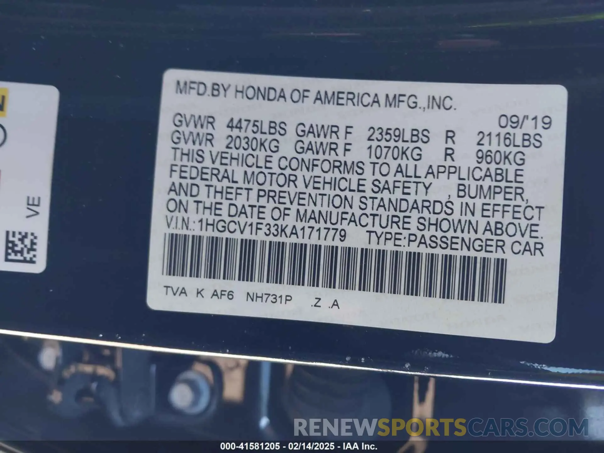 9 Photograph of a damaged car 1HGCV1F33KA171779 HONDA ACCORD 2019