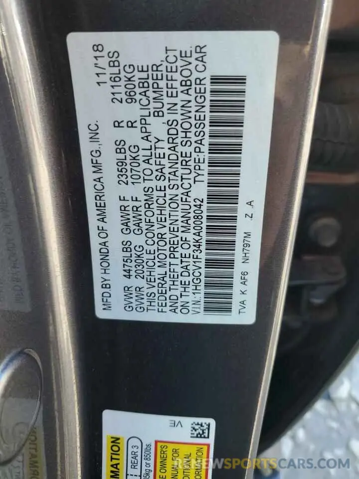12 Photograph of a damaged car 1HGCV1F34KA008042 HONDA ACCORD 2019