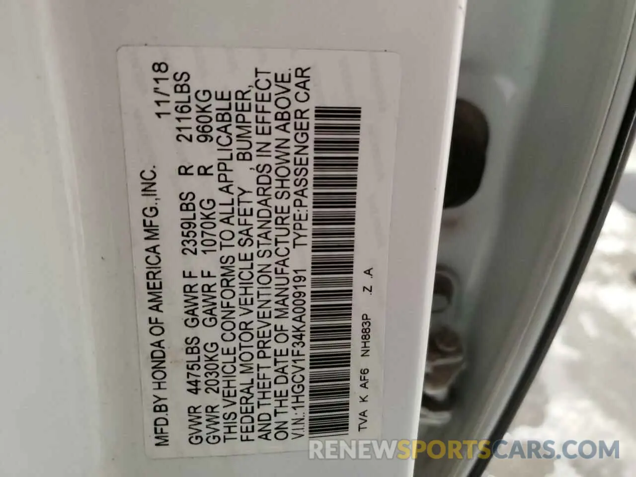 15 Photograph of a damaged car 1HGCV1F34KA009191 HONDA ACCORD 2019