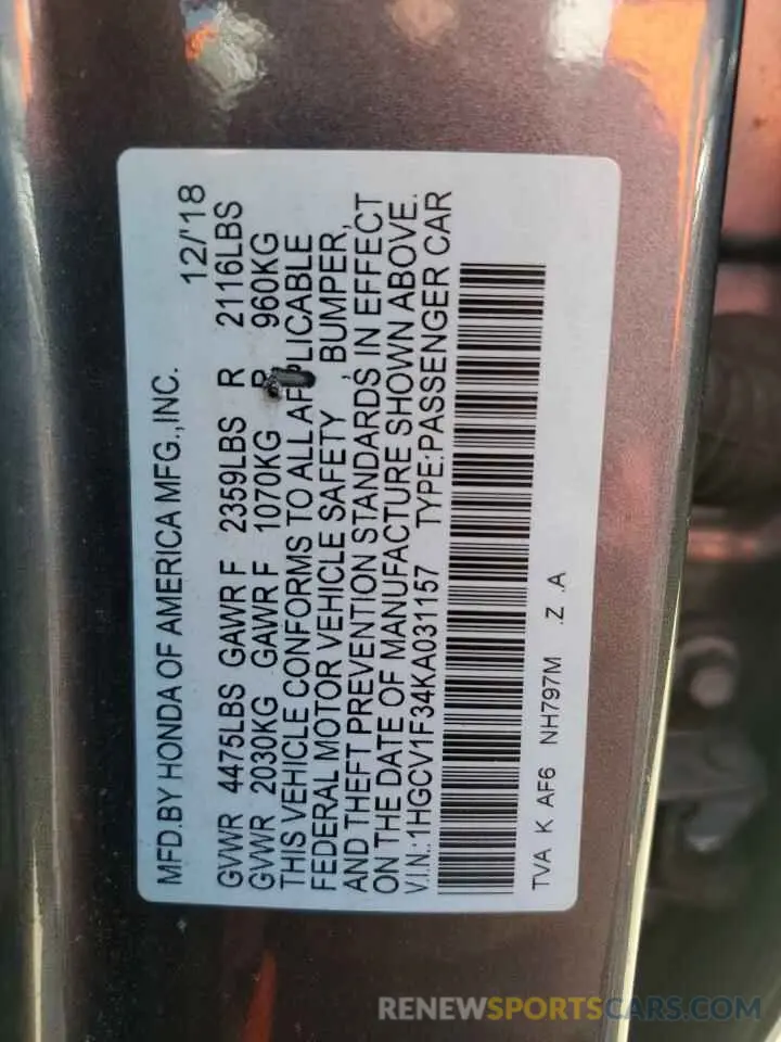 12 Photograph of a damaged car 1HGCV1F34KA031157 HONDA ACCORD 2019