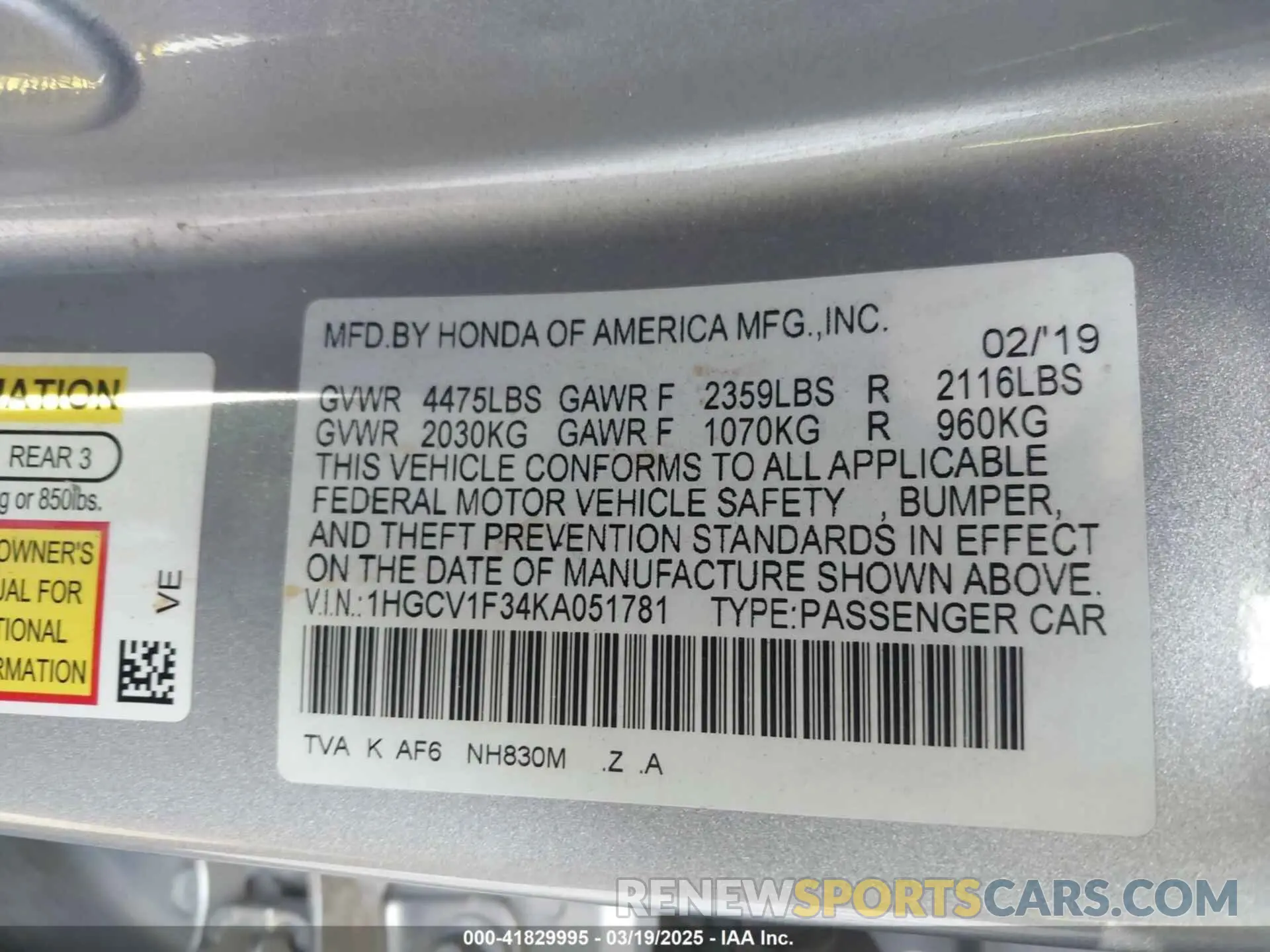 9 Photograph of a damaged car 1HGCV1F34KA051781 HONDA ACCORD 2019
