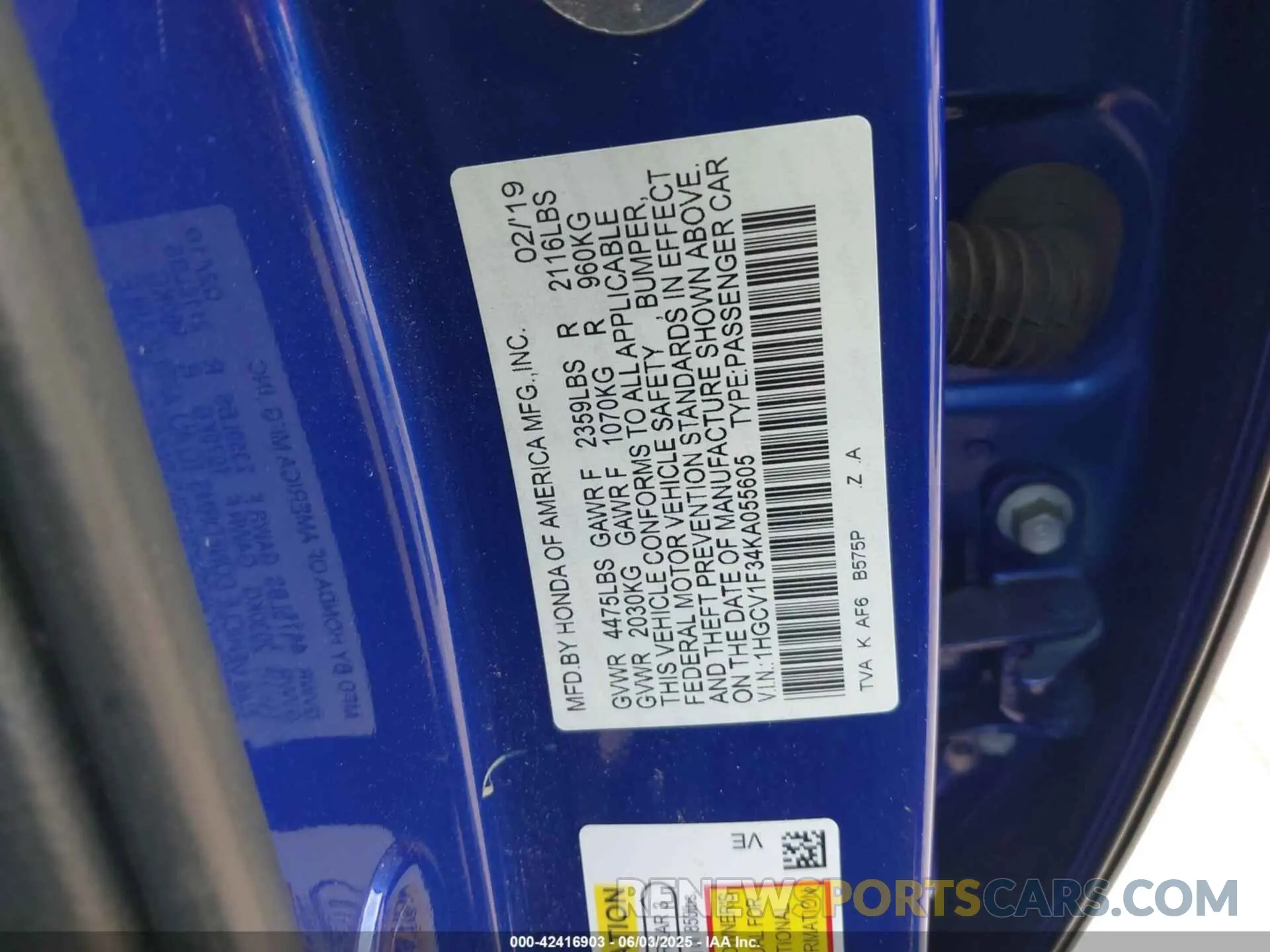 9 Photograph of a damaged car 1HGCV1F34KA055605 HONDA ACCORD 2019