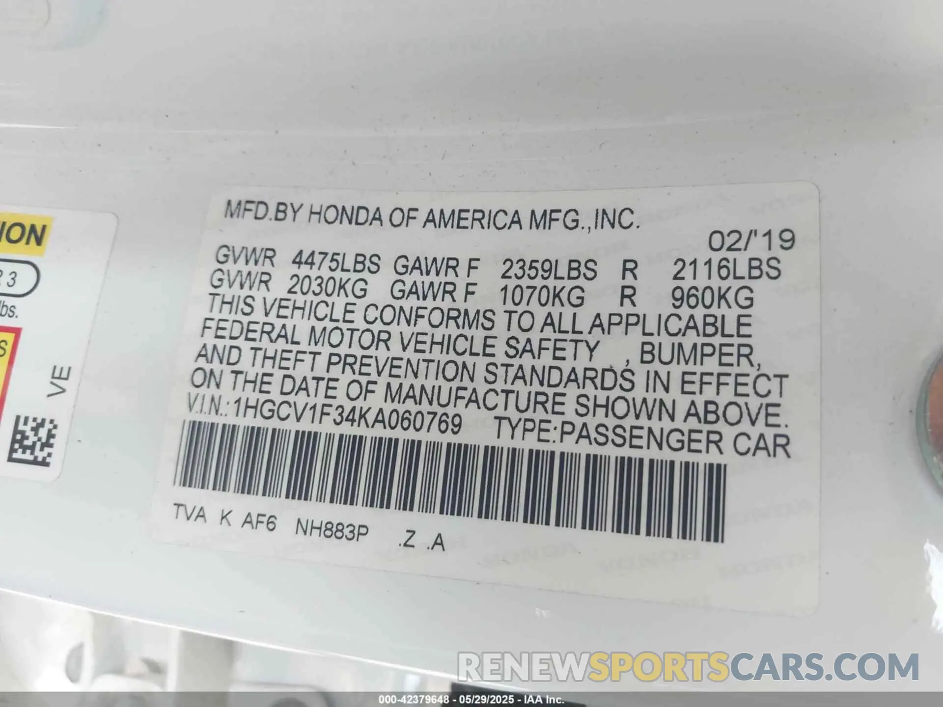 9 Photograph of a damaged car 1HGCV1F34KA060769 HONDA ACCORD 2019