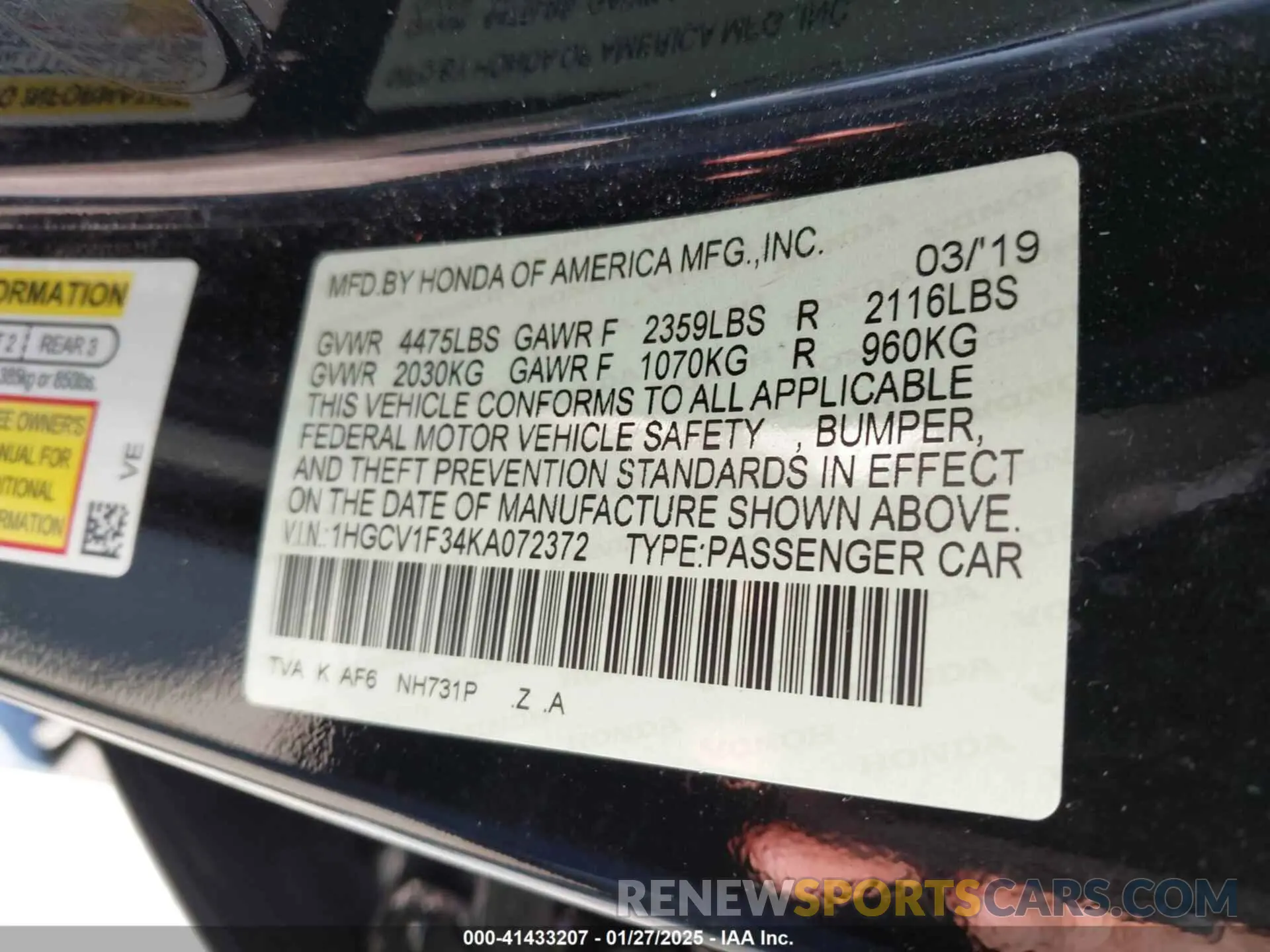9 Photograph of a damaged car 1HGCV1F34KA072372 HONDA ACCORD 2019