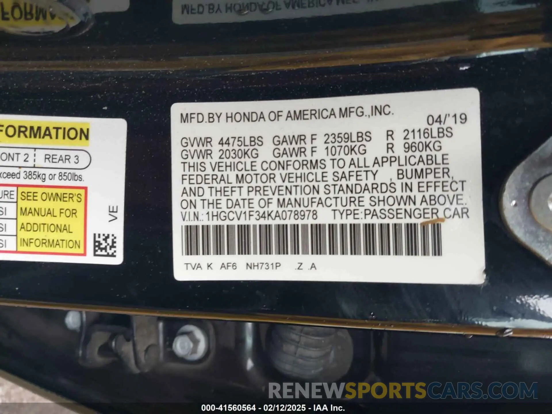 9 Photograph of a damaged car 1HGCV1F34KA078978 HONDA ACCORD 2019