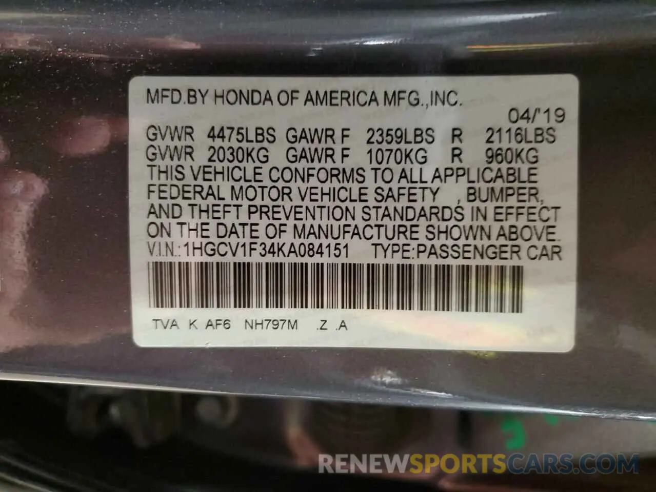 12 Photograph of a damaged car 1HGCV1F34KA084151 HONDA ACCORD 2019