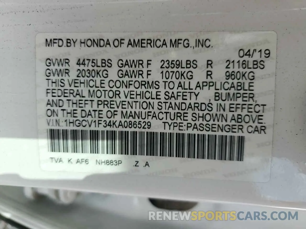 12 Photograph of a damaged car 1HGCV1F34KA086529 HONDA ACCORD 2019