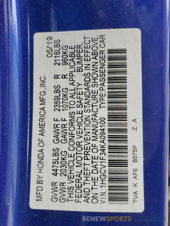 12 Photograph of a damaged car 1HGCV1F34KA094100 HONDA ACCORD 2019