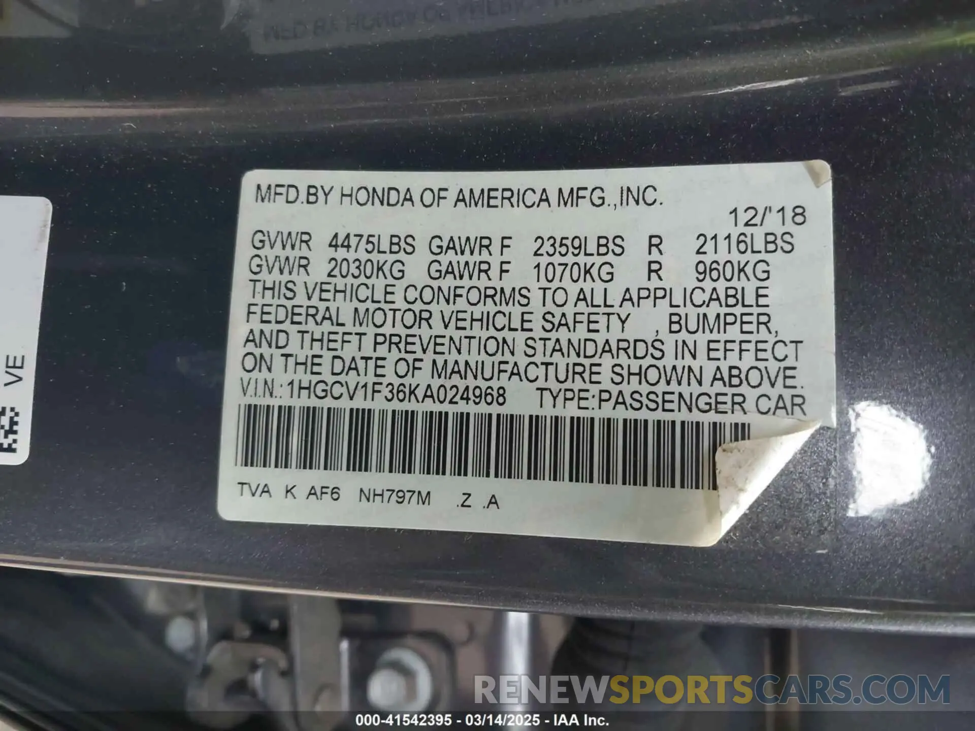 9 Photograph of a damaged car 1HGCV1F34KA119027 HONDA ACCORD 2019