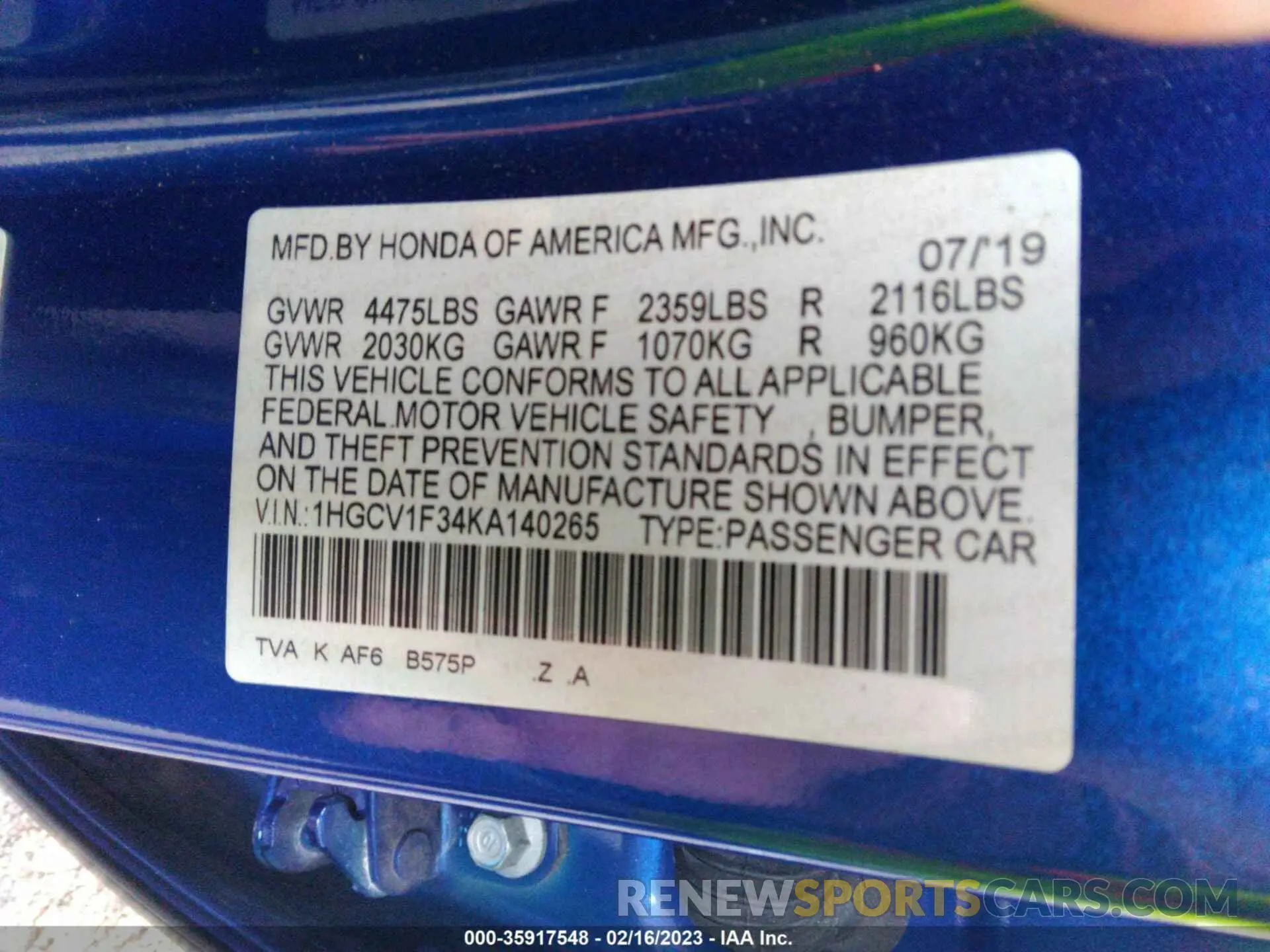 9 Photograph of a damaged car 1HGCV1F34KA140265 HONDA ACCORD 2019