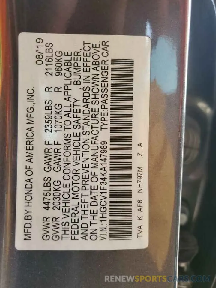 14 Photograph of a damaged car 1HGCV1F34KA147989 HONDA ACCORD 2019