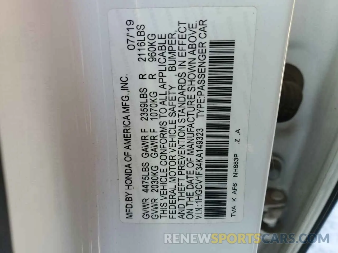 13 Photograph of a damaged car 1HGCV1F34KA149323 HONDA ACCORD 2019