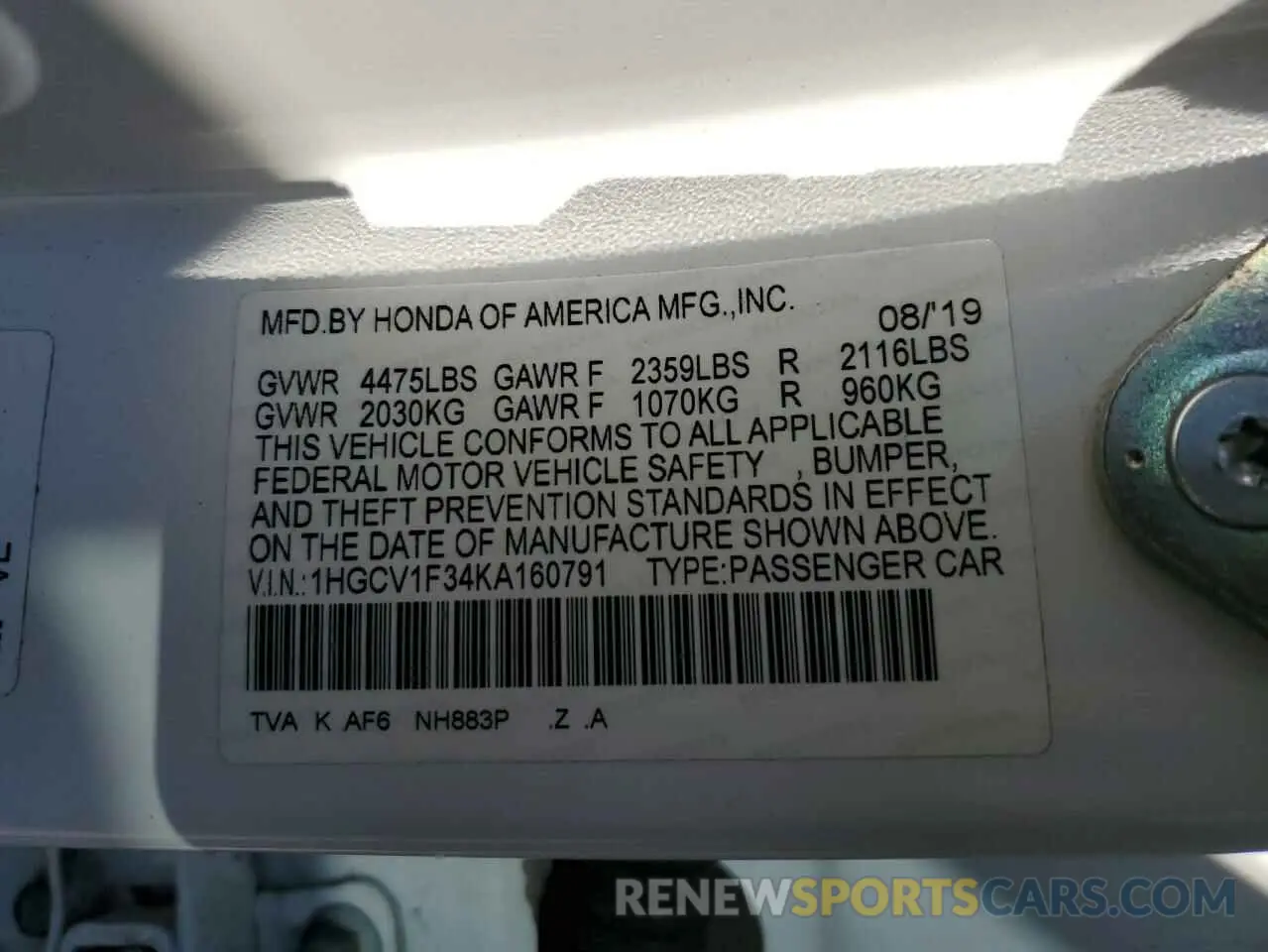 14 Photograph of a damaged car 1HGCV1F34KA160791 HONDA ACCORD 2019