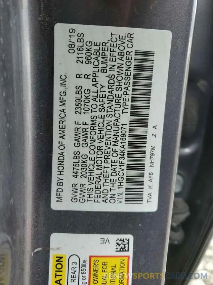13 Photograph of a damaged car 1HGCV1F34KA169071 HONDA ACCORD 2019