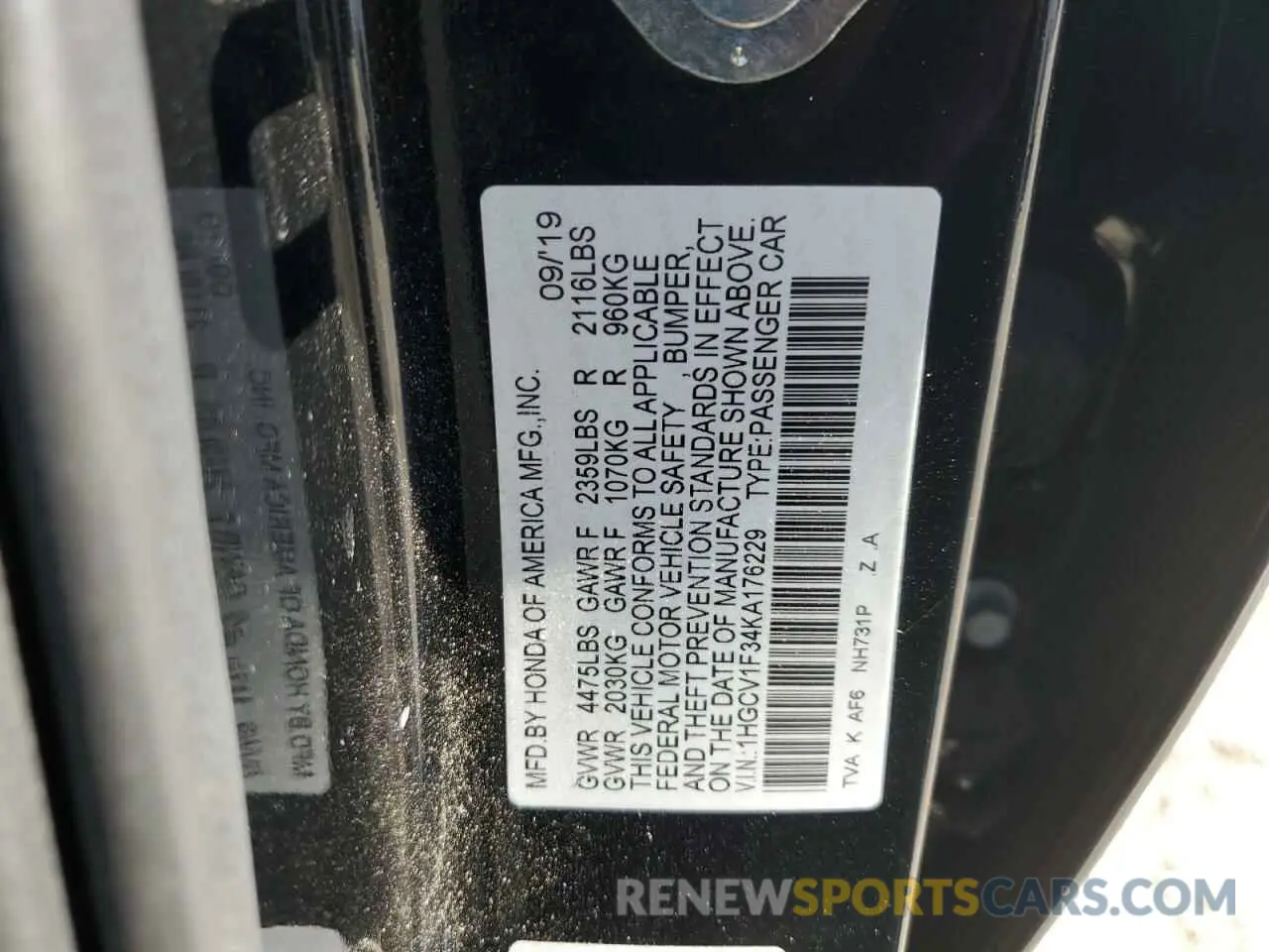 12 Photograph of a damaged car 1HGCV1F34KA176229 HONDA ACCORD 2019