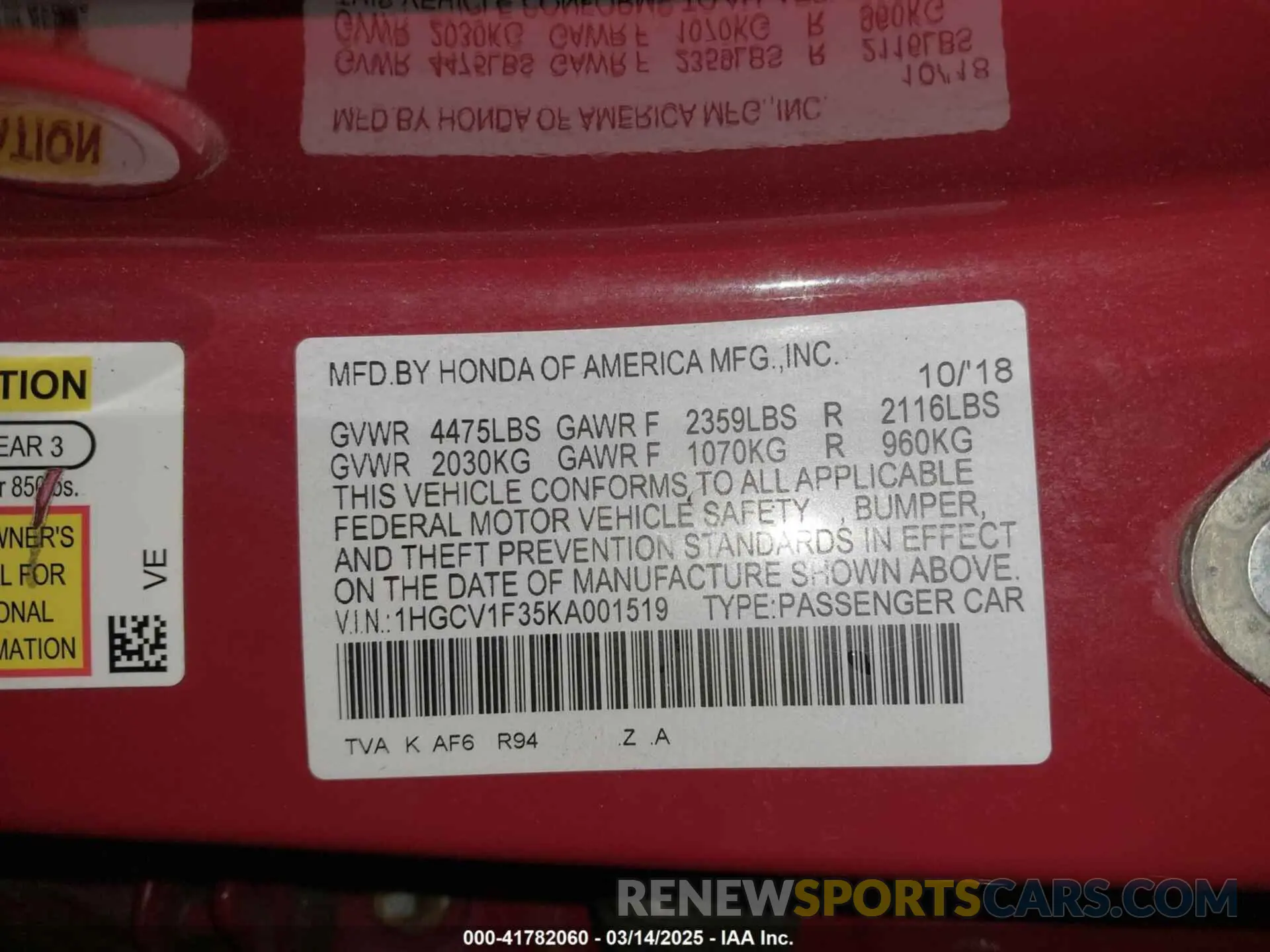 9 Photograph of a damaged car 1HGCV1F35KA001519 HONDA ACCORD 2019