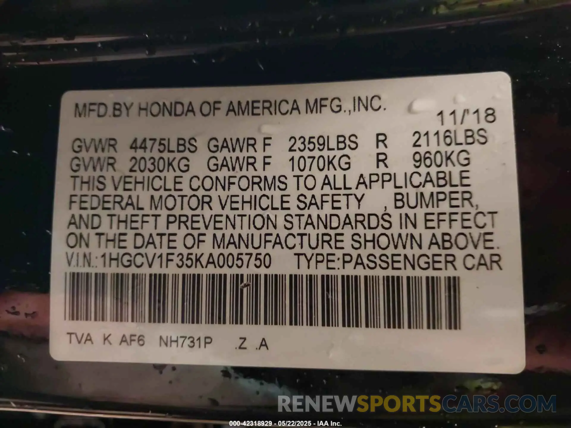 9 Photograph of a damaged car 1HGCV1F35KA005750 HONDA ACCORD 2019