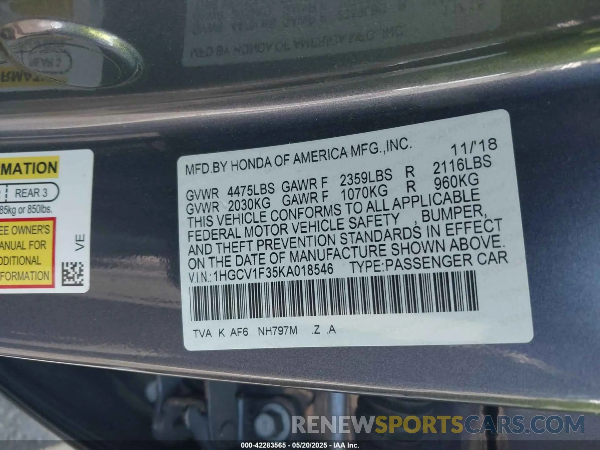 9 Photograph of a damaged car 1HGCV1F35KA018546 HONDA ACCORD 2019