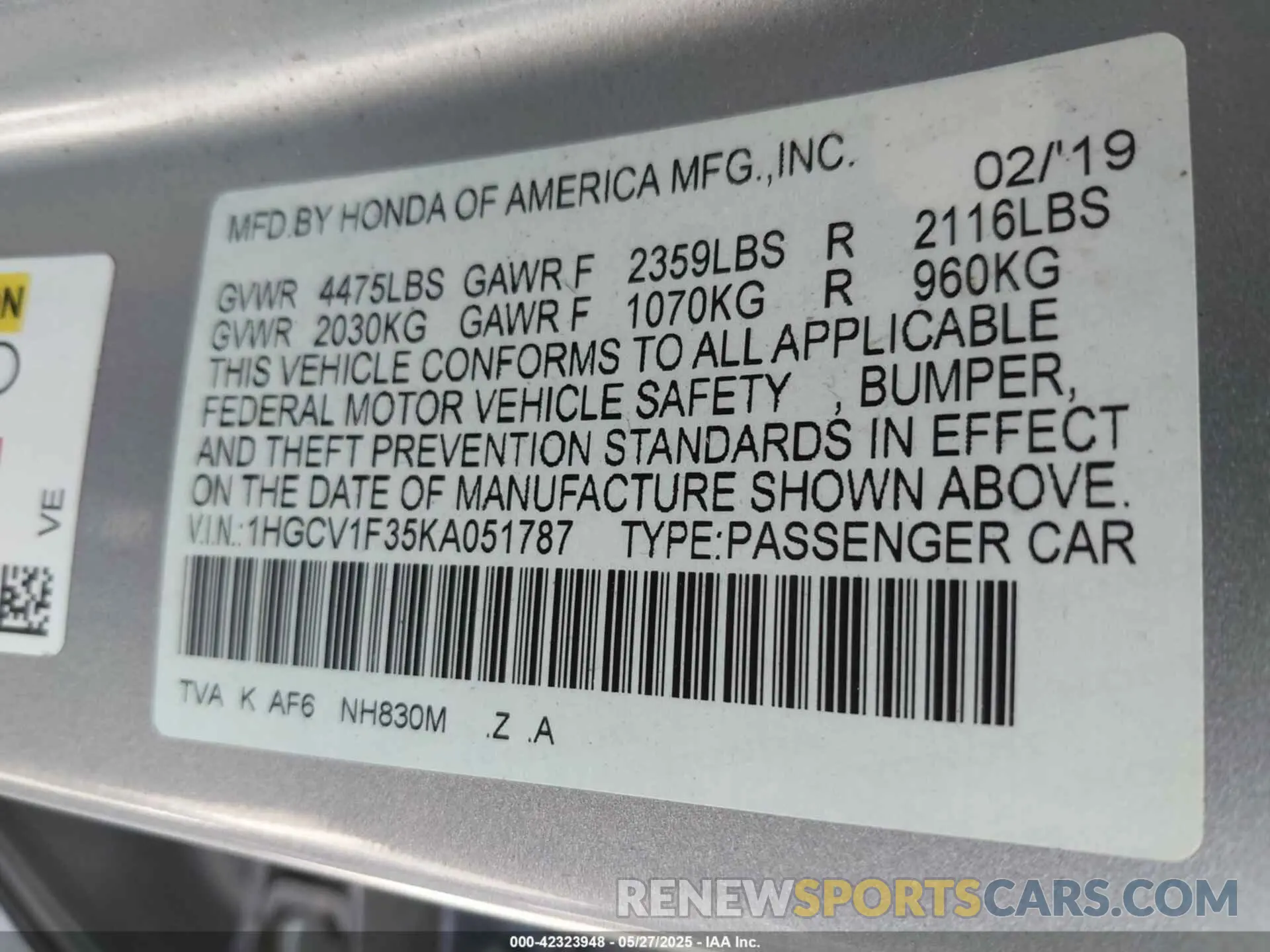 9 Photograph of a damaged car 1HGCV1F35KA051787 HONDA ACCORD 2019