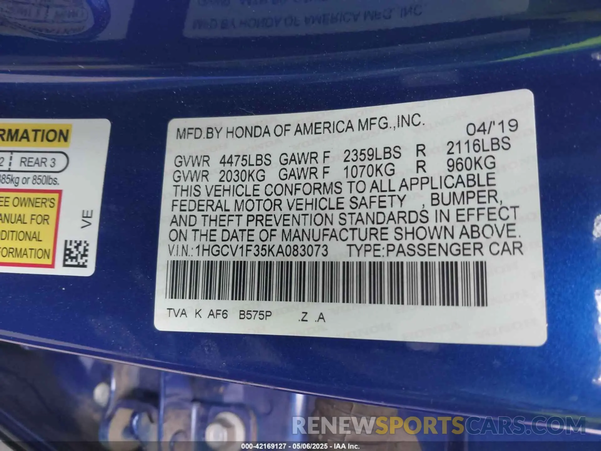 9 Photograph of a damaged car 1HGCV1F35KA083073 HONDA ACCORD 2019
