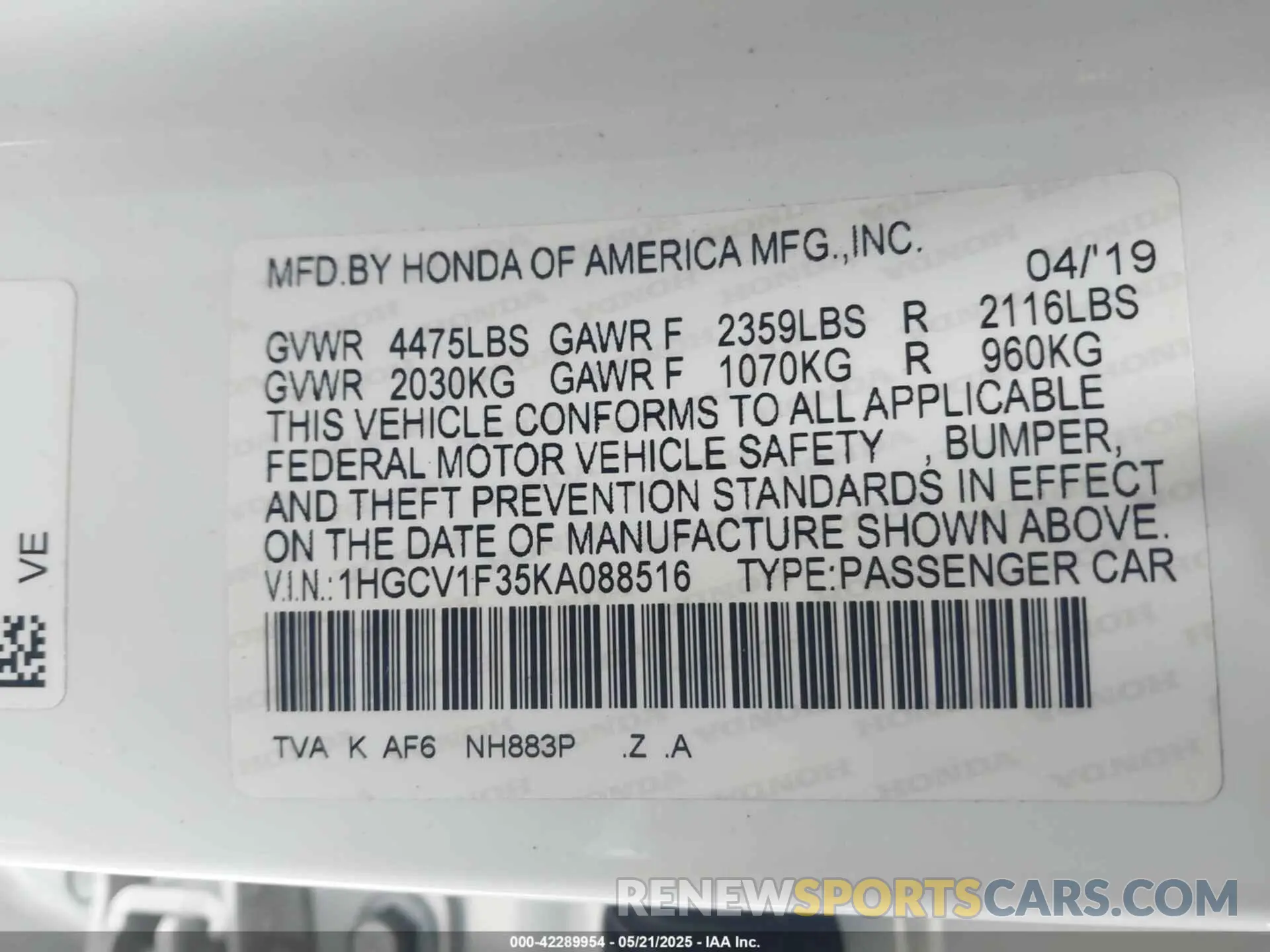 9 Photograph of a damaged car 1HGCV1F35KA088516 HONDA ACCORD 2019
