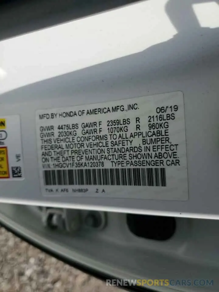 12 Photograph of a damaged car 1HGCV1F35KA120378 HONDA ACCORD 2019