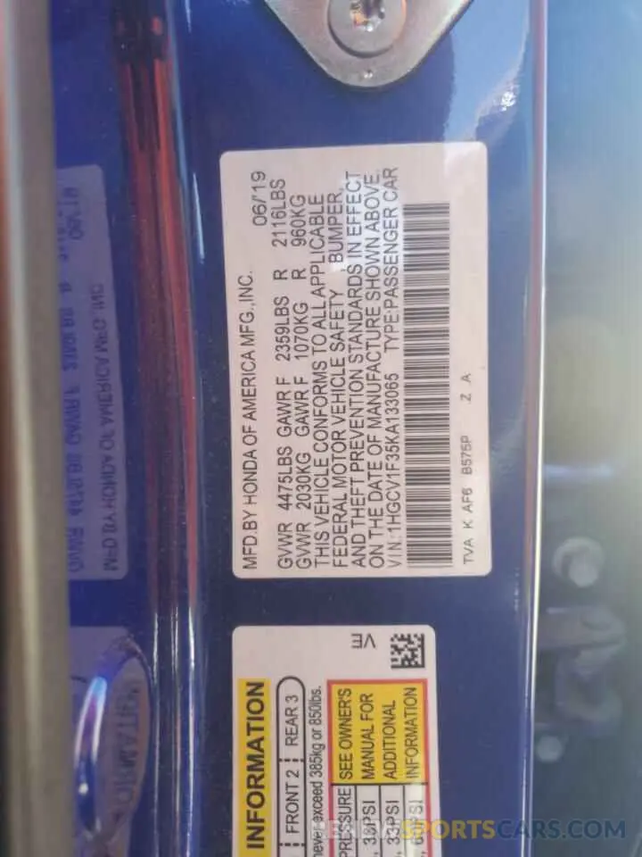 12 Photograph of a damaged car 1HGCV1F35KA133065 HONDA ACCORD 2019