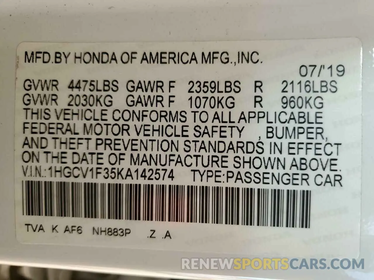 14 Photograph of a damaged car 1HGCV1F35KA142574 HONDA ACCORD 2019