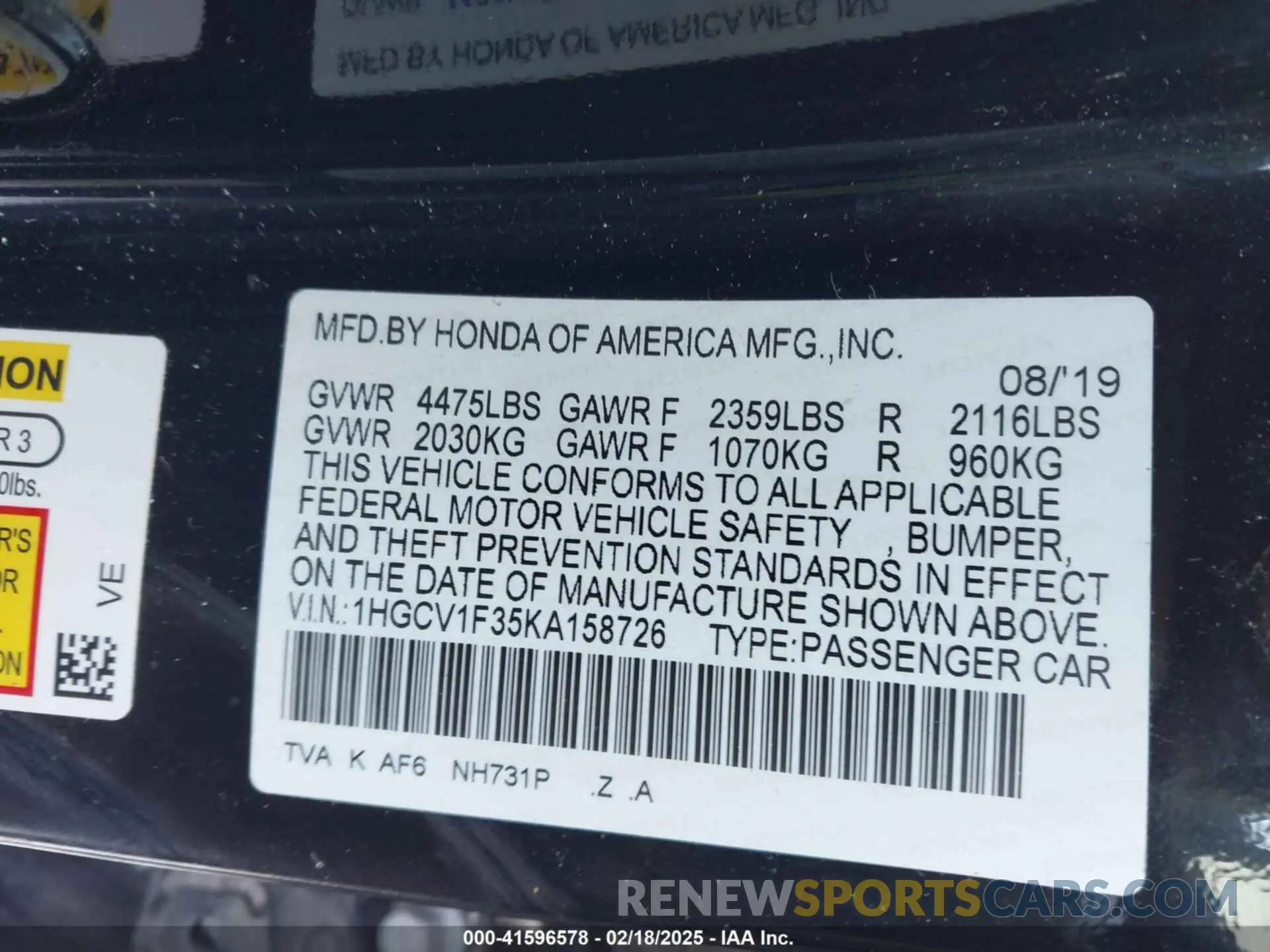 9 Photograph of a damaged car 1HGCV1F35KA158726 HONDA ACCORD 2019