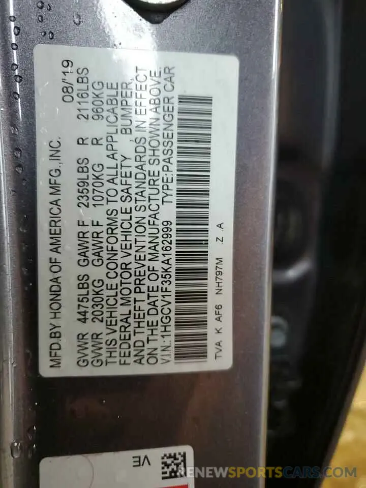 13 Photograph of a damaged car 1HGCV1F35KA162999 HONDA ACCORD 2019