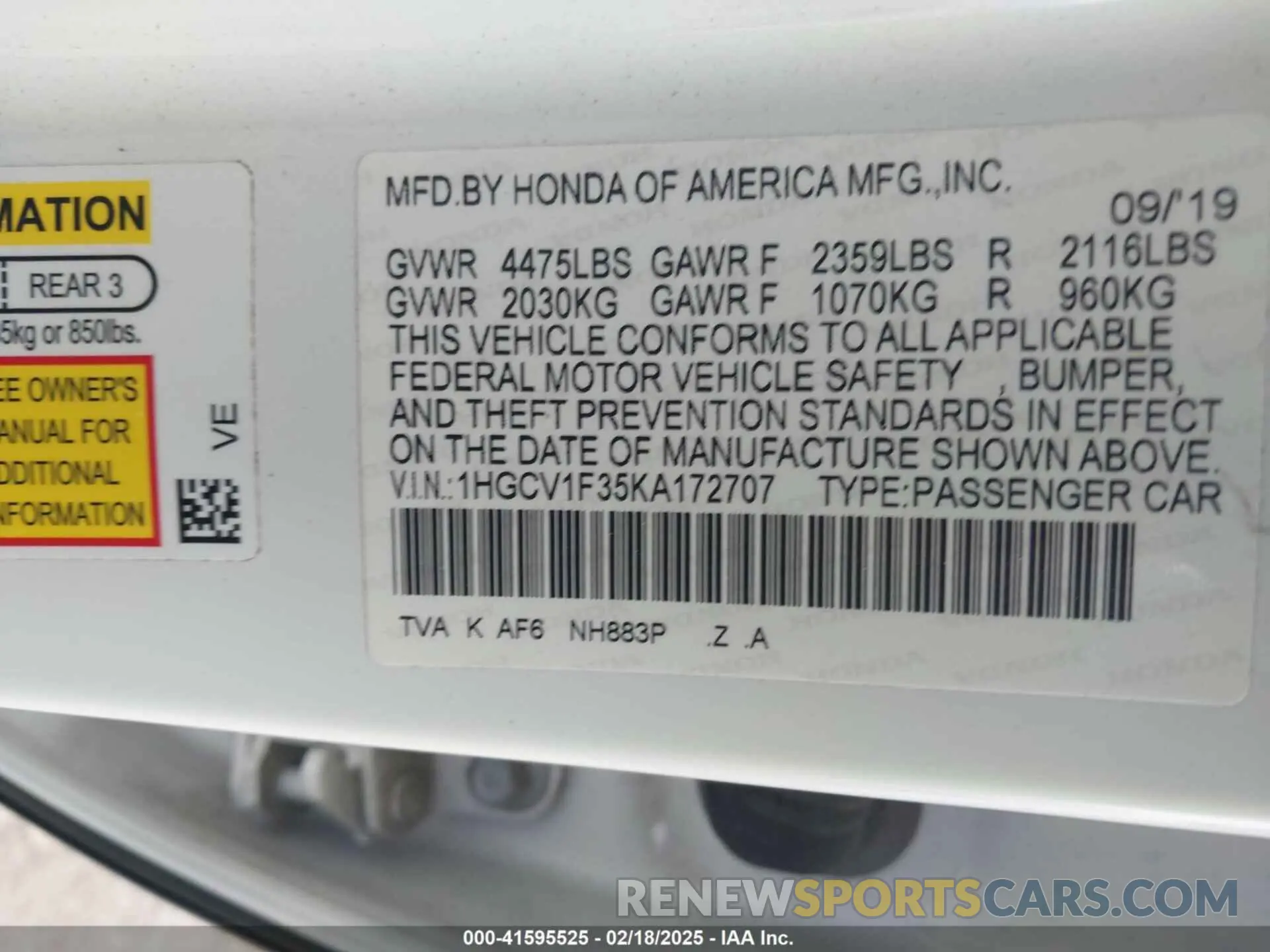 9 Photograph of a damaged car 1HGCV1F35KA172707 HONDA ACCORD 2019