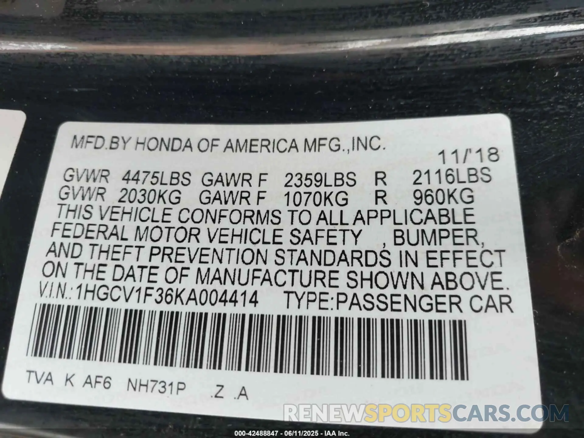9 Photograph of a damaged car 1HGCV1F36KA004414 HONDA ACCORD 2019