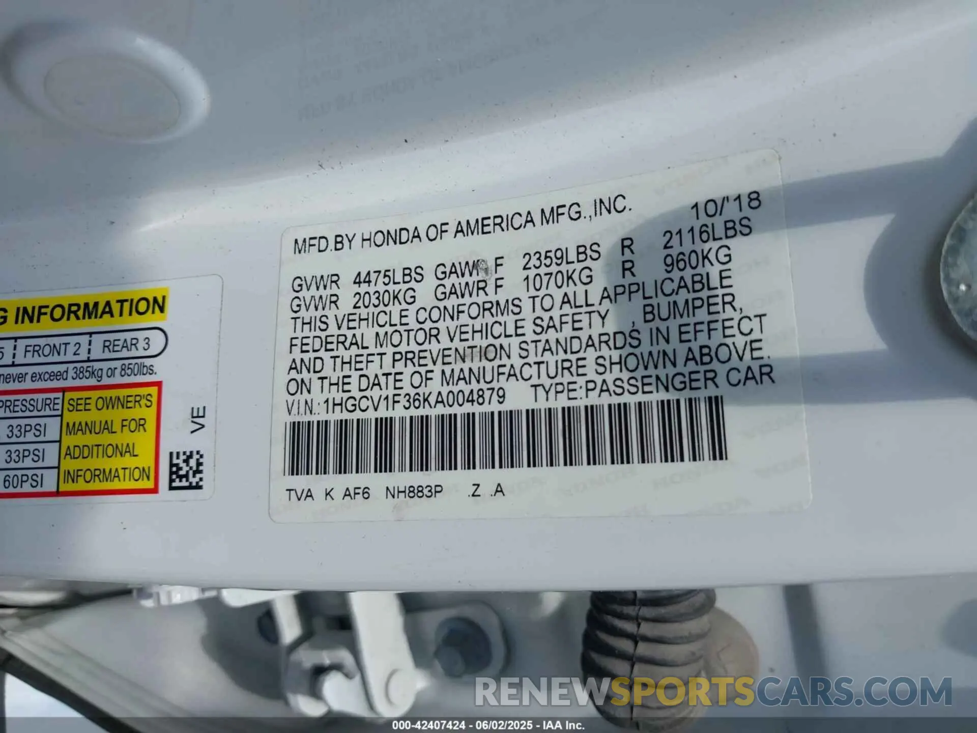 9 Photograph of a damaged car 1HGCV1F36KA004879 HONDA ACCORD 2019