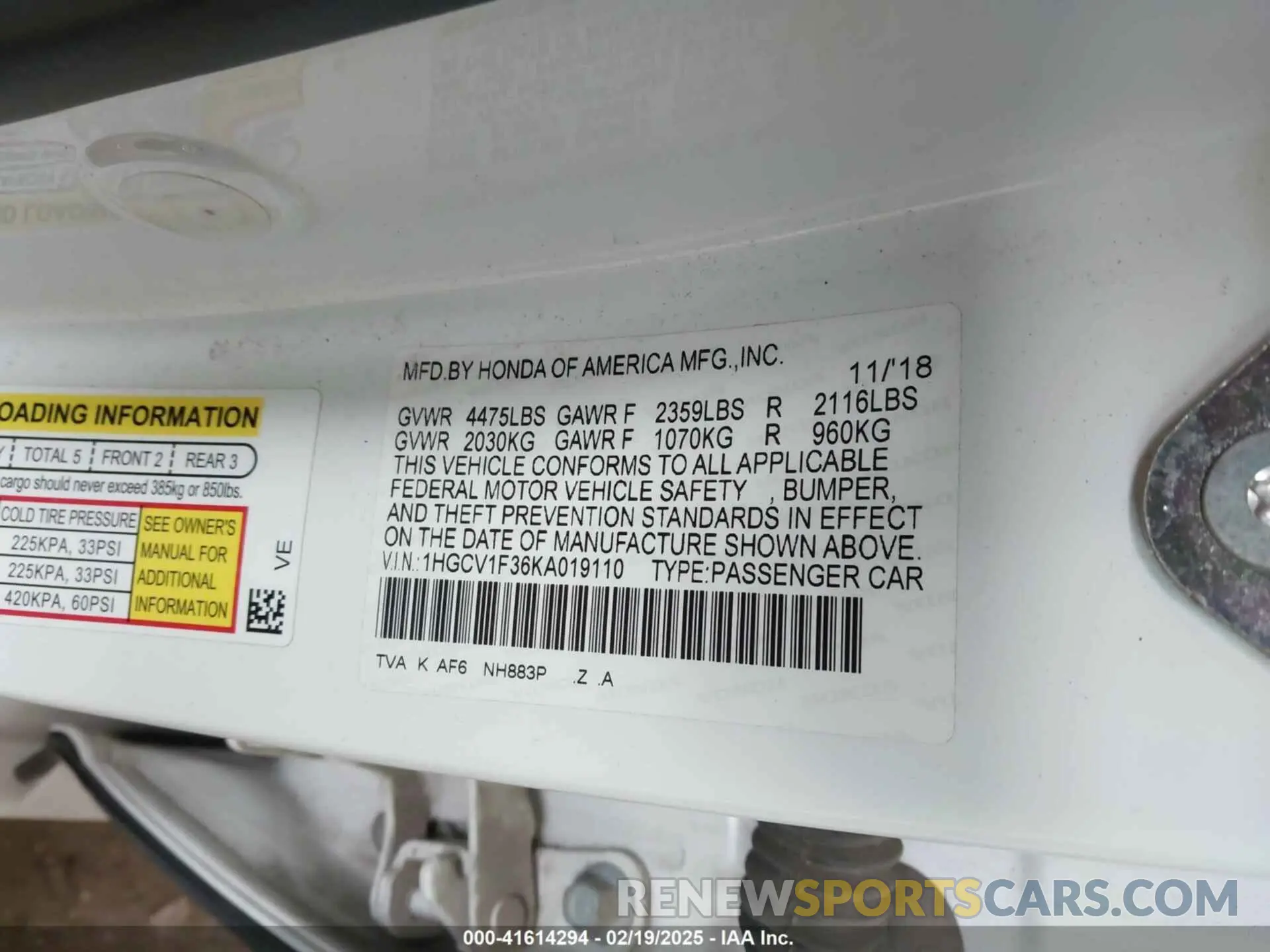 9 Photograph of a damaged car 1HGCV1F36KA019110 HONDA ACCORD 2019