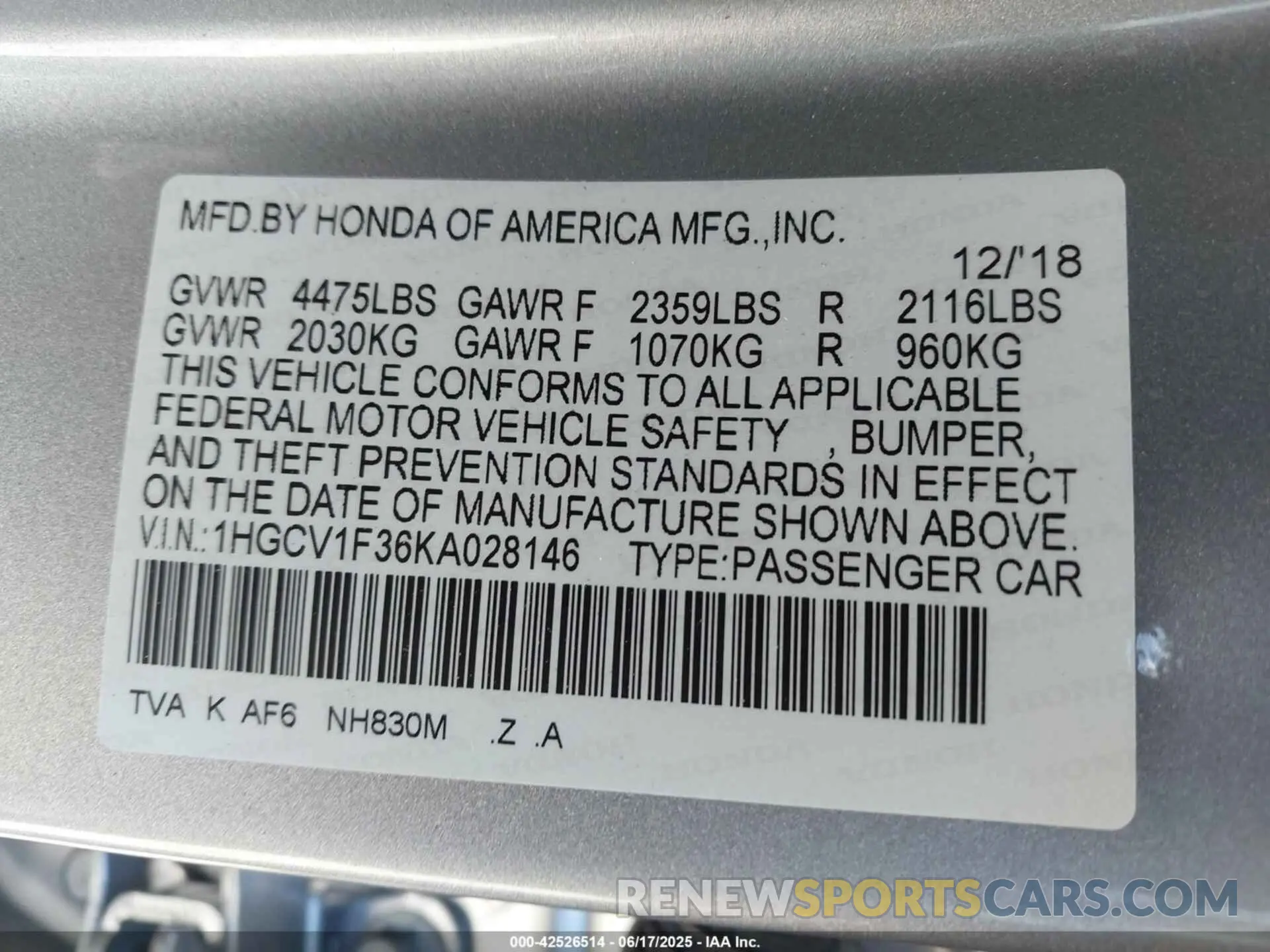 9 Photograph of a damaged car 1HGCV1F36KA028146 HONDA ACCORD 2019