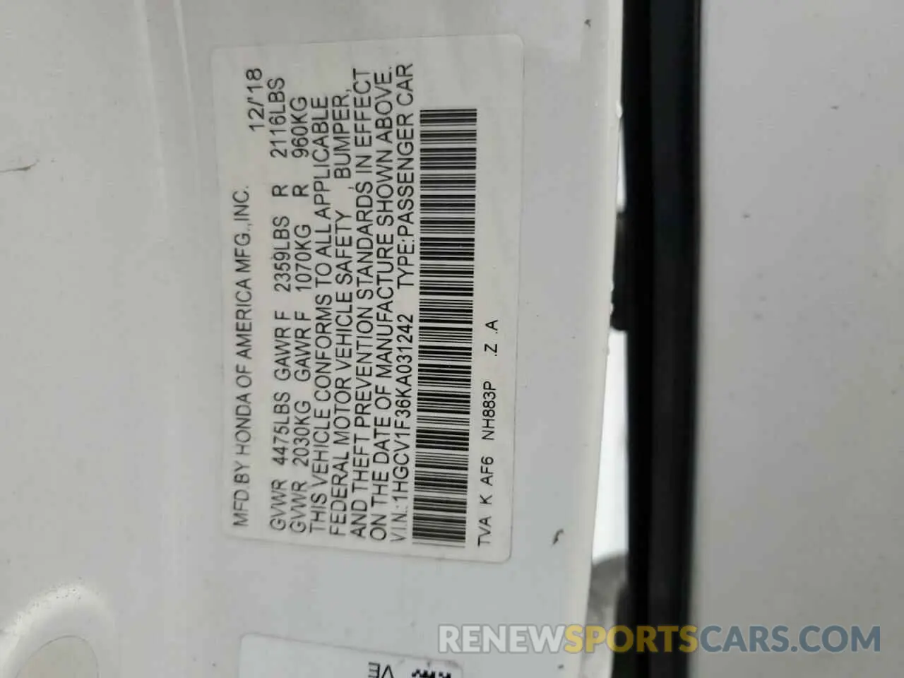 13 Photograph of a damaged car 1HGCV1F36KA031242 HONDA ACCORD 2019