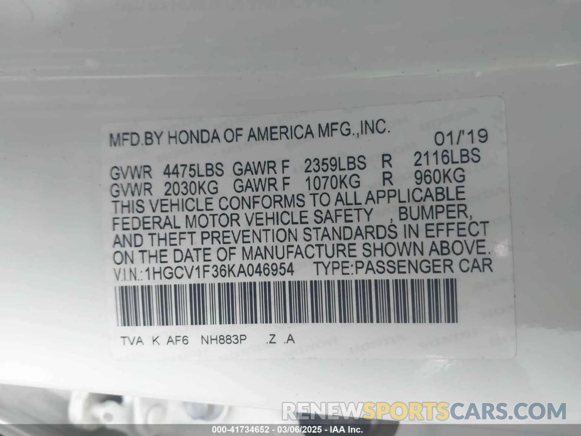 9 Photograph of a damaged car 1HGCV1F36KA046954 HONDA ACCORD 2019