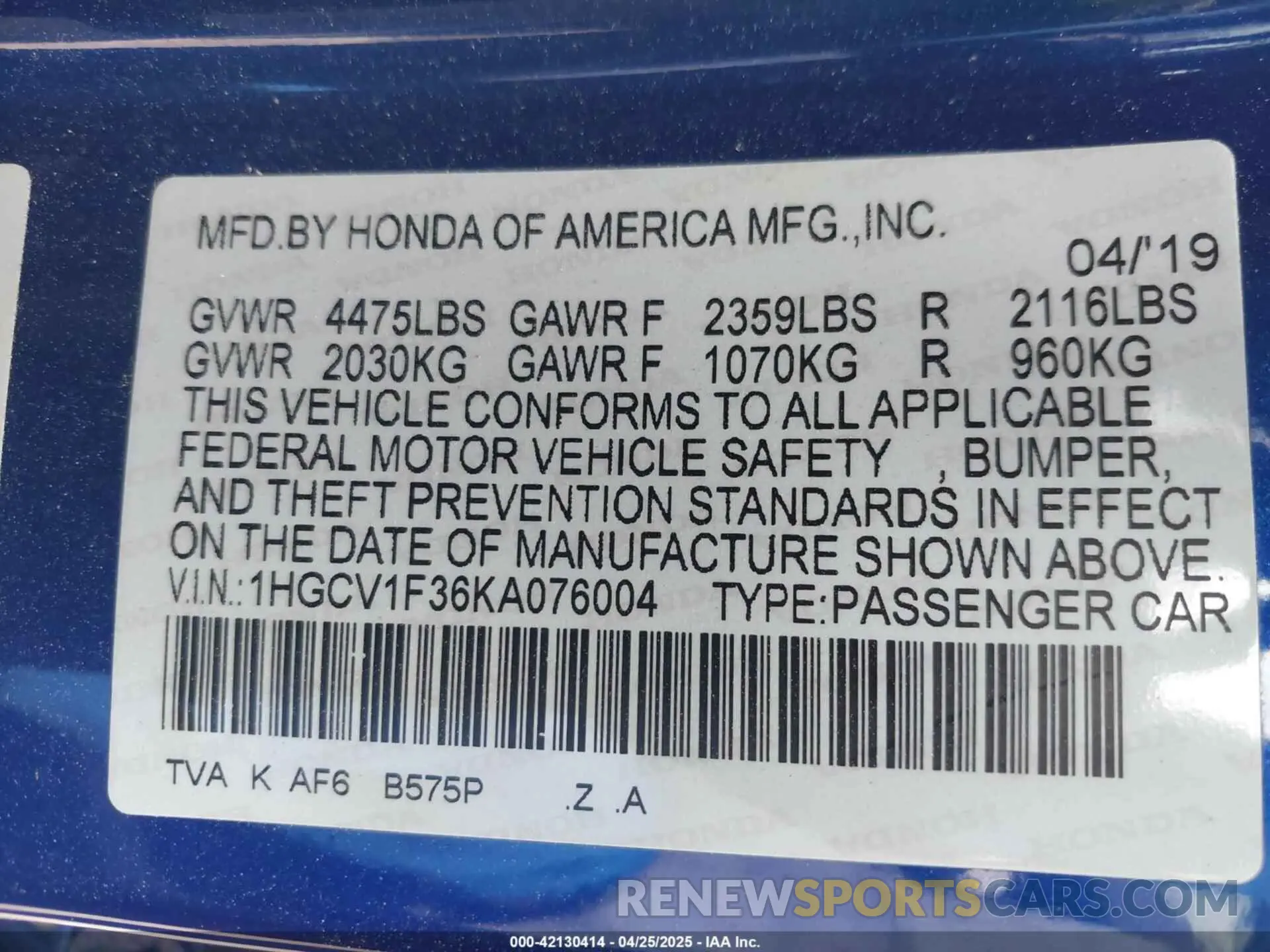 9 Photograph of a damaged car 1HGCV1F36KA076004 HONDA ACCORD 2019