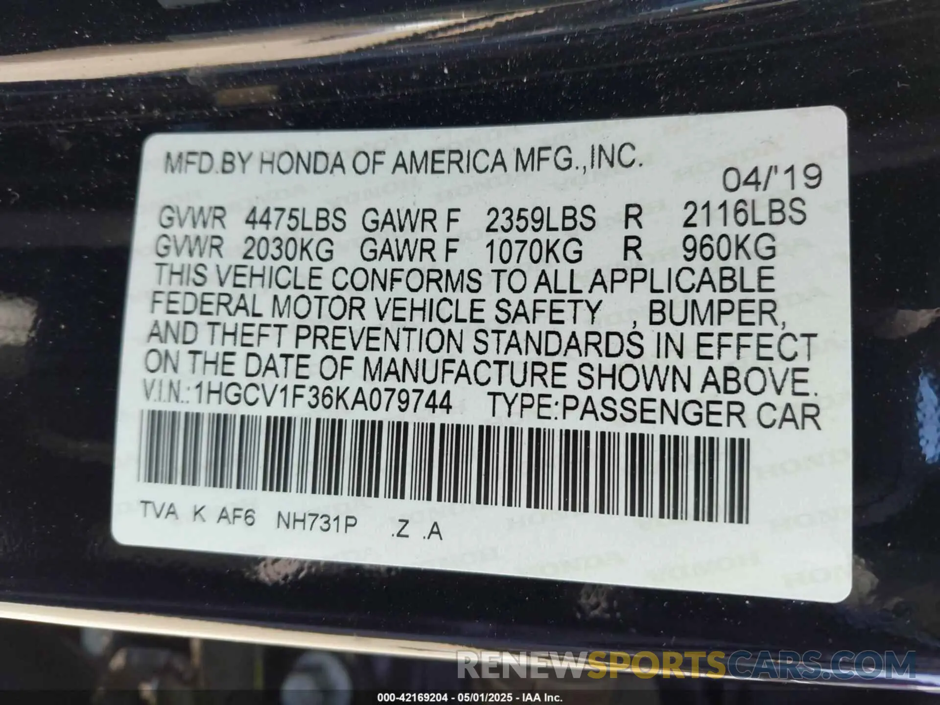 9 Photograph of a damaged car 1HGCV1F36KA079744 HONDA ACCORD 2019