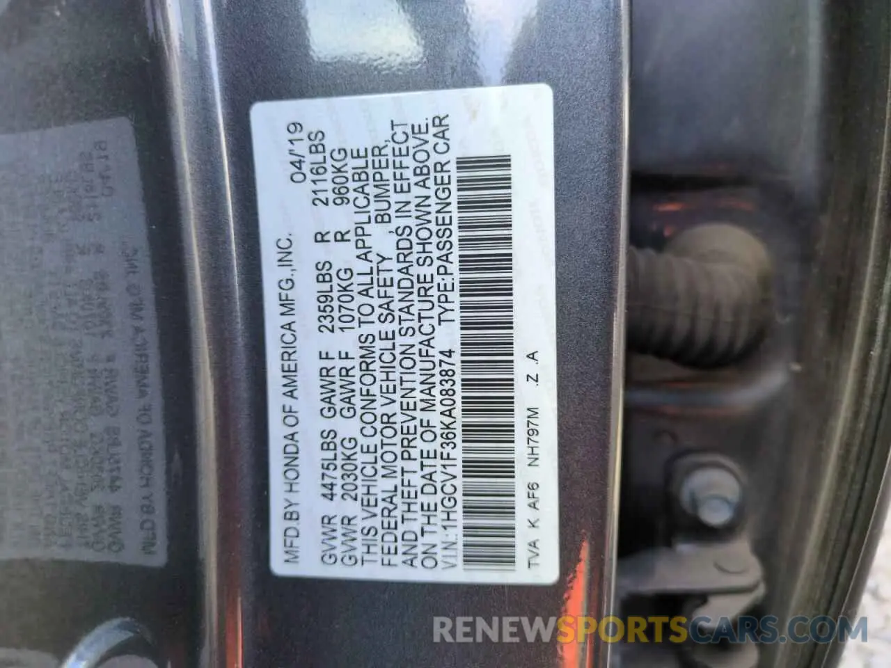 12 Photograph of a damaged car 1HGCV1F36KA083874 HONDA ACCORD 2019