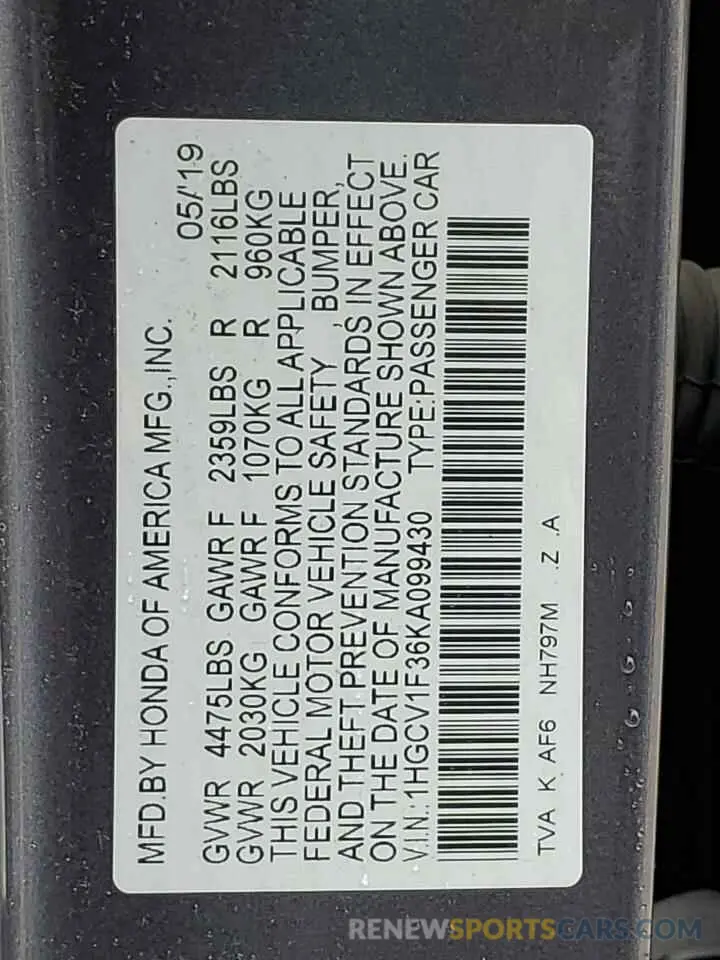 12 Photograph of a damaged car 1HGCV1F36KA099430 HONDA ACCORD 2019