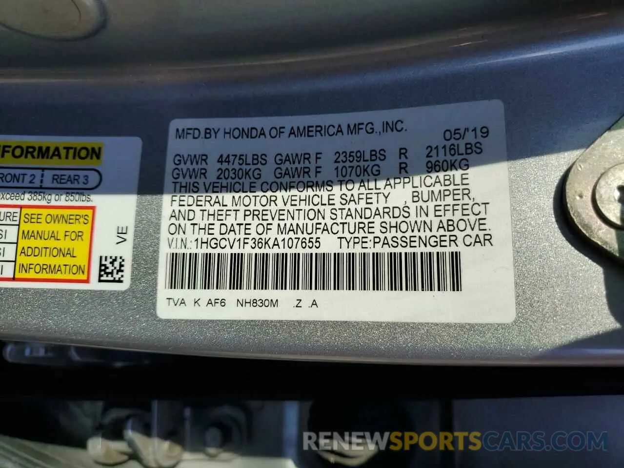 13 Photograph of a damaged car 1HGCV1F36KA107655 HONDA ACCORD 2019