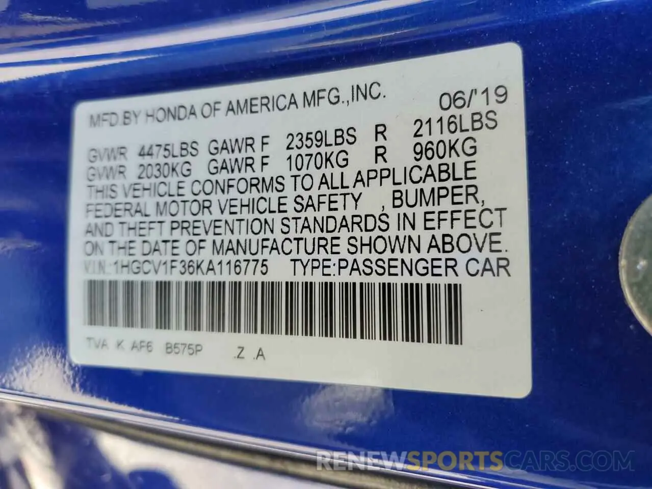 12 Photograph of a damaged car 1HGCV1F36KA116775 HONDA ACCORD 2019