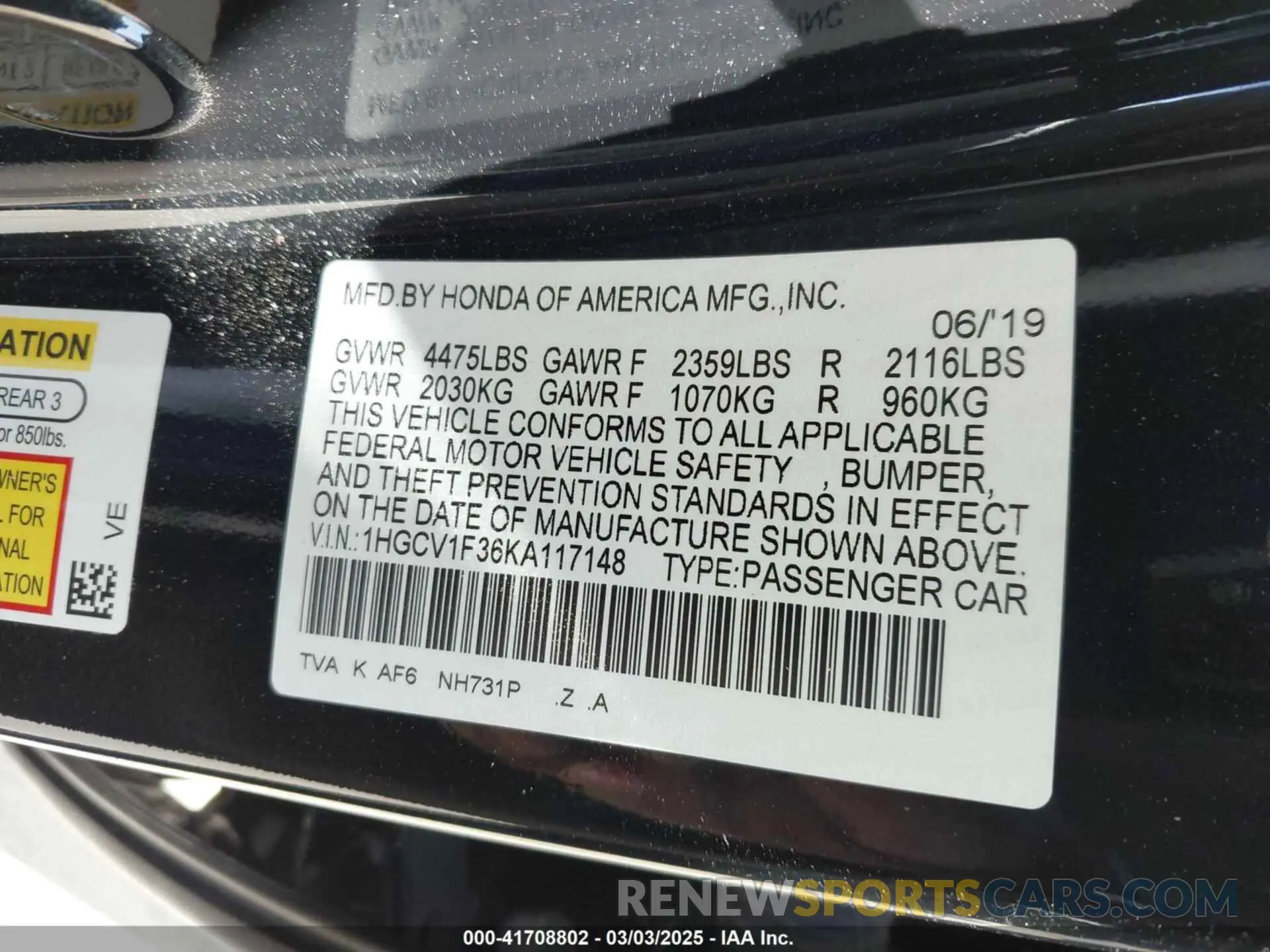 9 Photograph of a damaged car 1HGCV1F36KA117148 HONDA ACCORD 2019