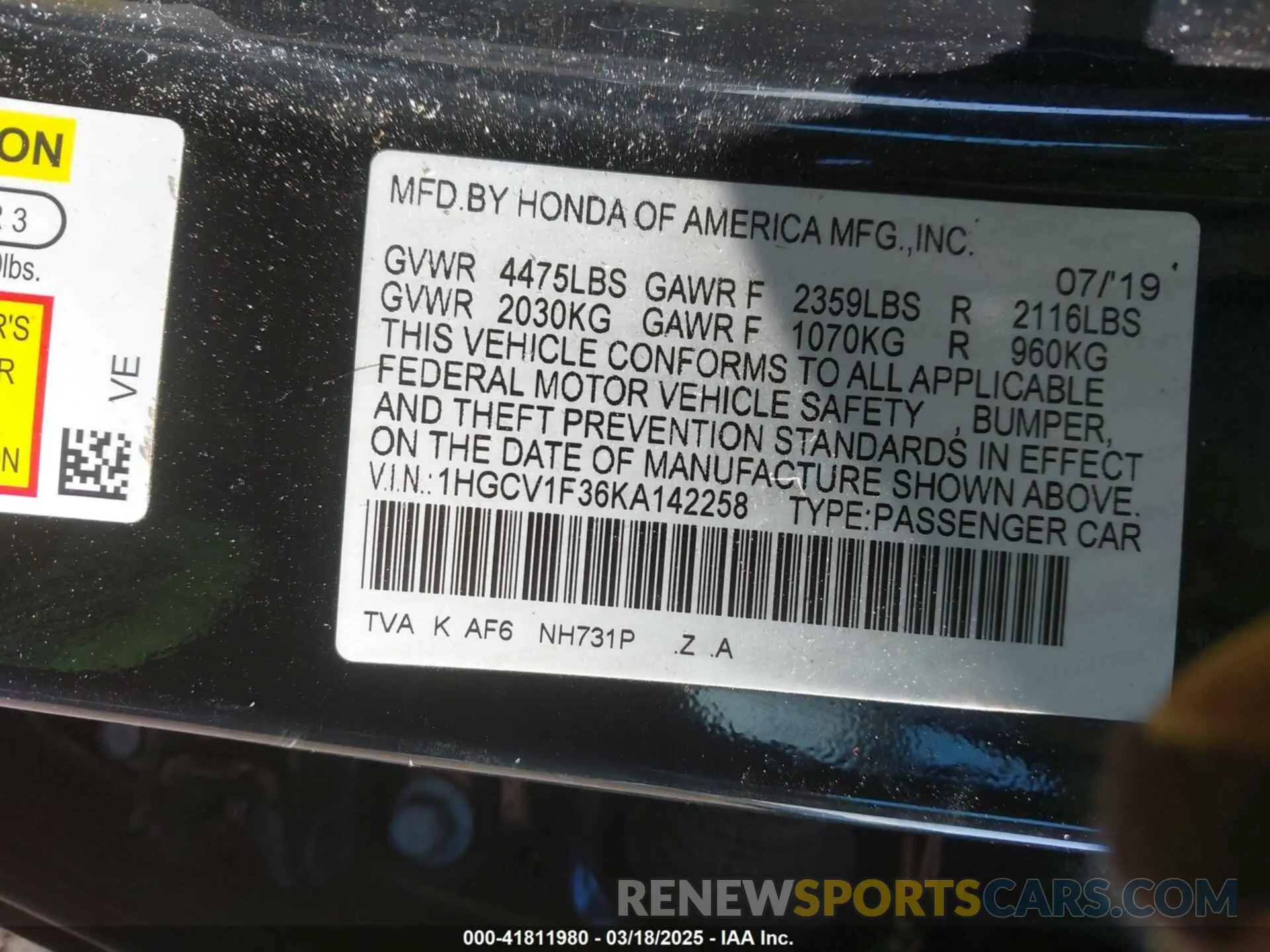 9 Photograph of a damaged car 1HGCV1F36KA142258 HONDA ACCORD 2019