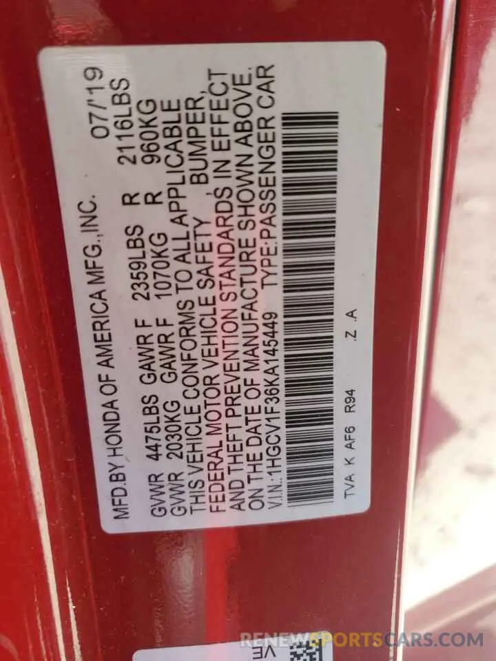 12 Photograph of a damaged car 1HGCV1F36KA145449 HONDA ACCORD 2019