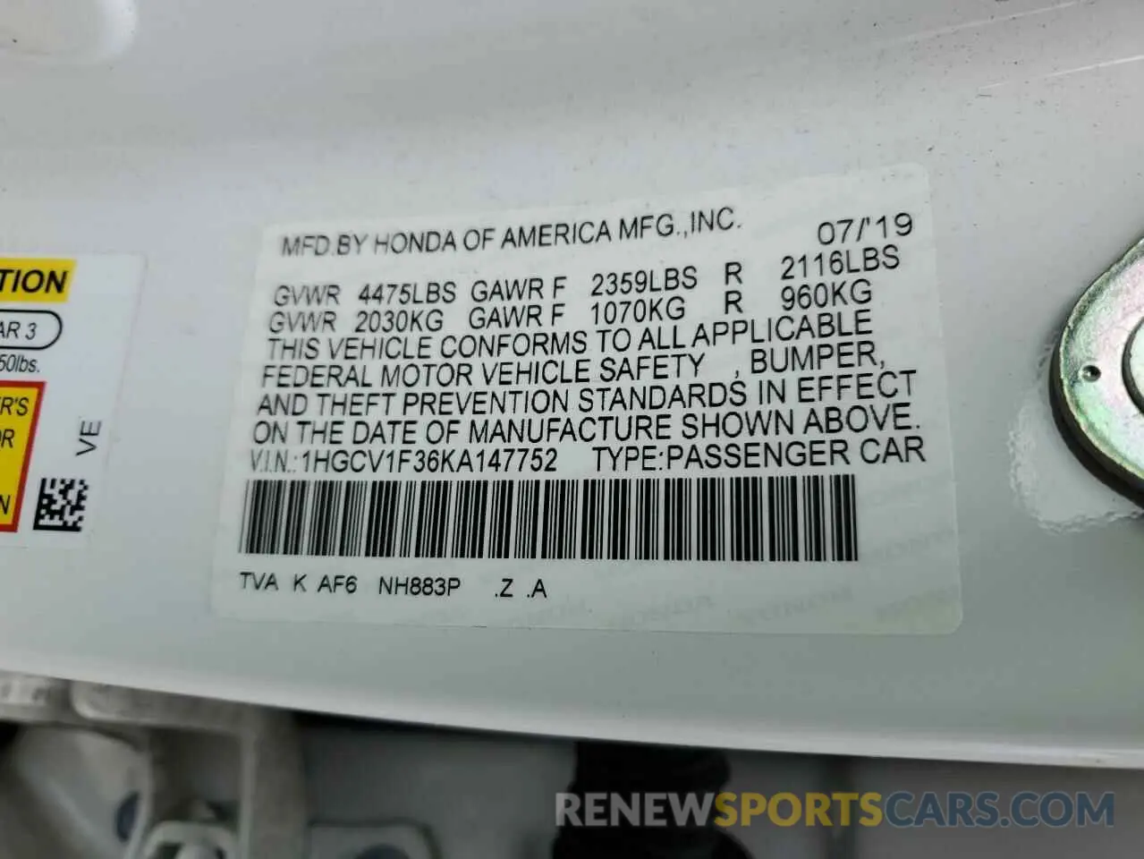 13 Photograph of a damaged car 1HGCV1F36KA147752 HONDA ACCORD 2019