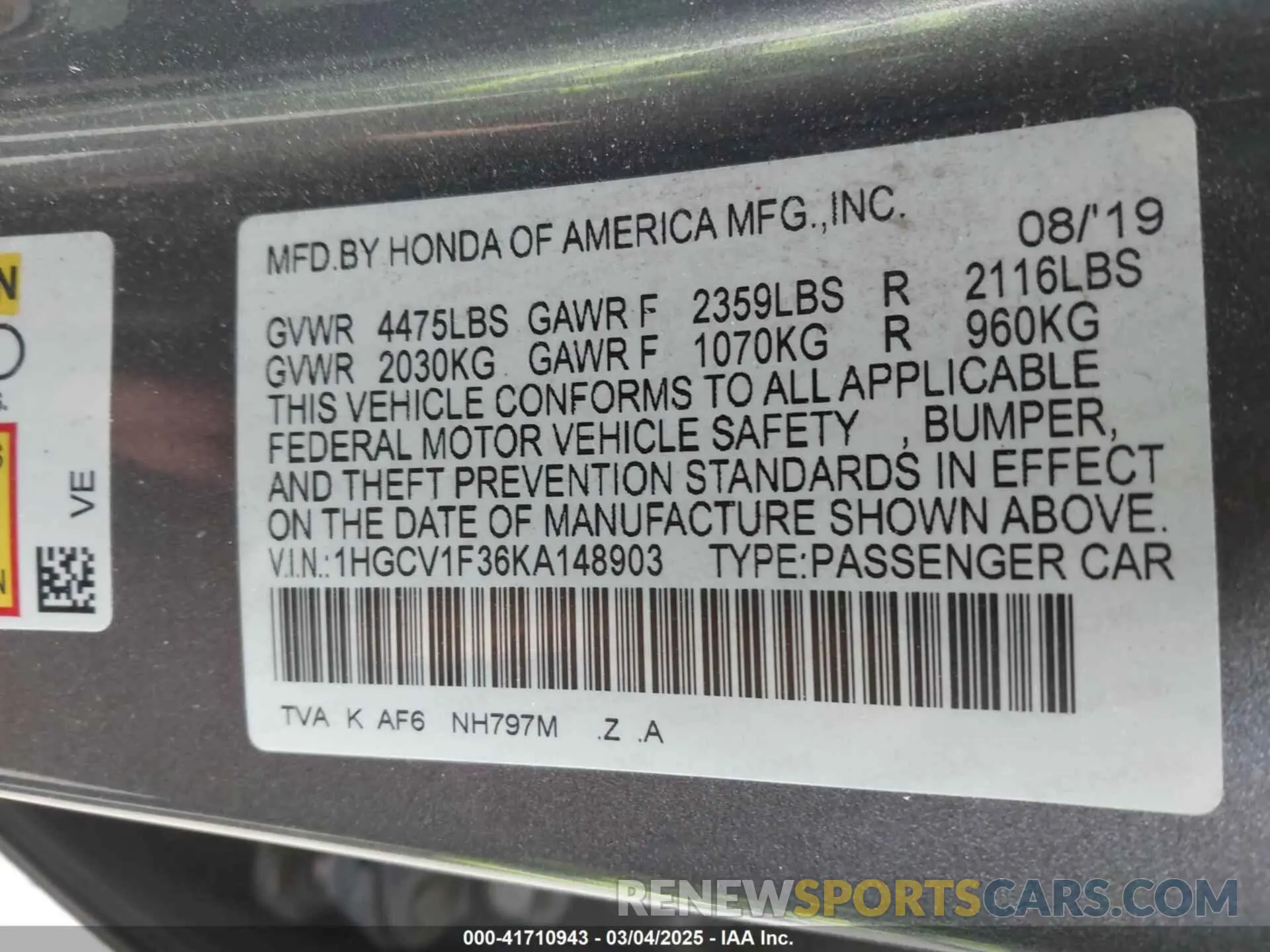 9 Photograph of a damaged car 1HGCV1F36KA148903 HONDA ACCORD 2019
